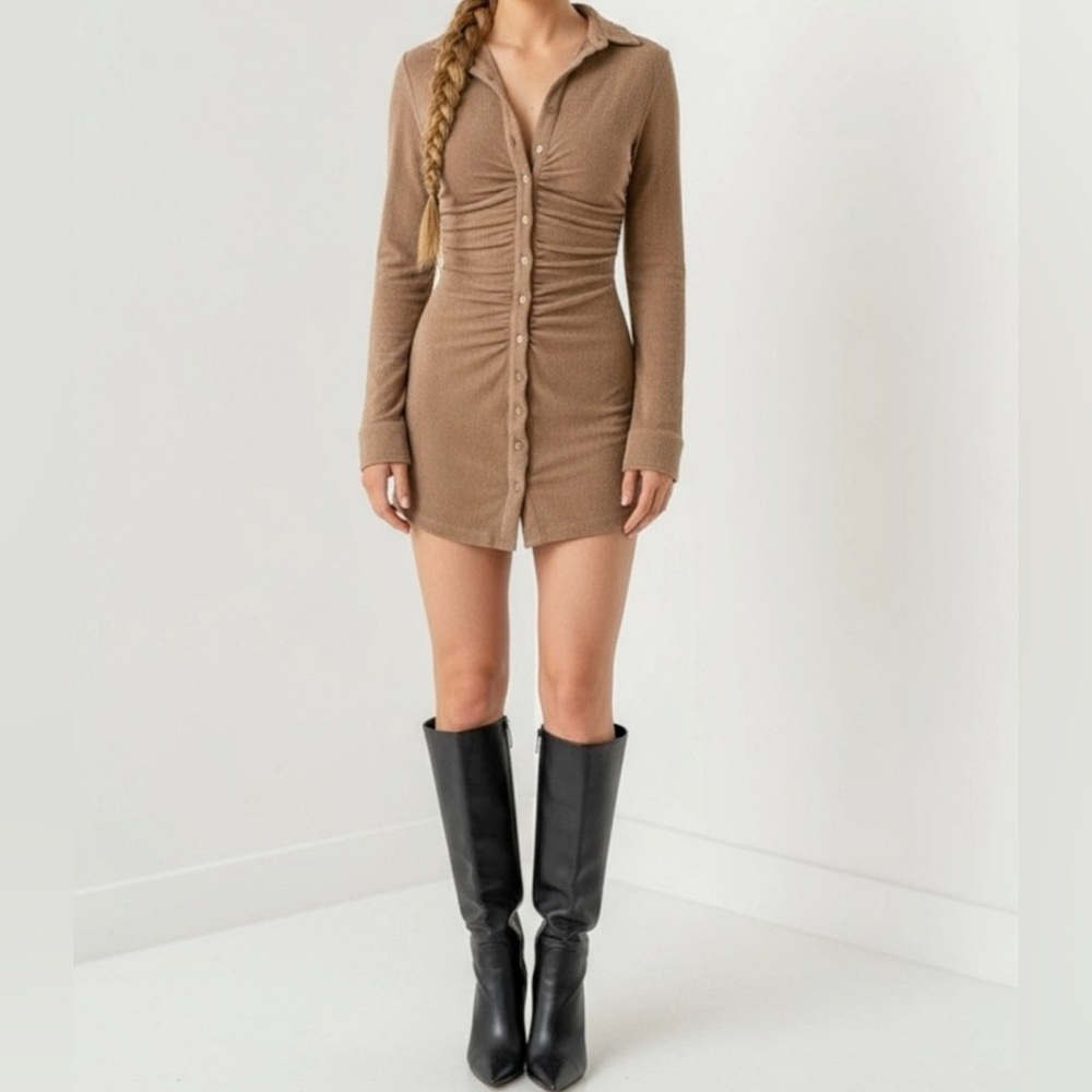 With Jean Andy Dress Latte Long Sleeve Button Down Collared Ruched Mini Dress